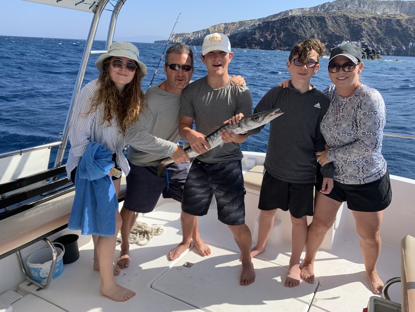 Santorini Private Cruise boat fishing tour - BBQ, Snorkeling - Secluded coves and snorkeling gear in the caldera waters